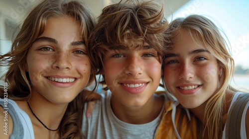 Three smiling teenagers with various expressions, posing closely together for a selfie, showcasing camaraderie, joy, and friendship in a candid moment.