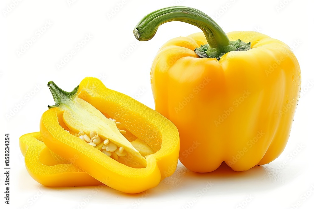 One whole yellow bell pepper and one sliced on white background, cutout One whole yellow bell pepper and one sliced on white background, cutout