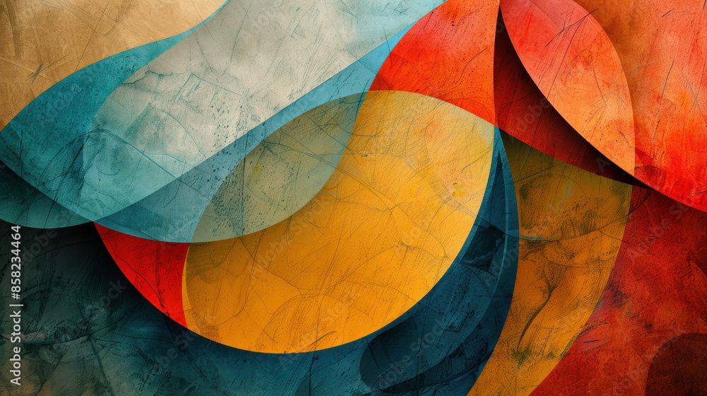 Fototapeta premium Colorful abstract shapes layered over a paper texture