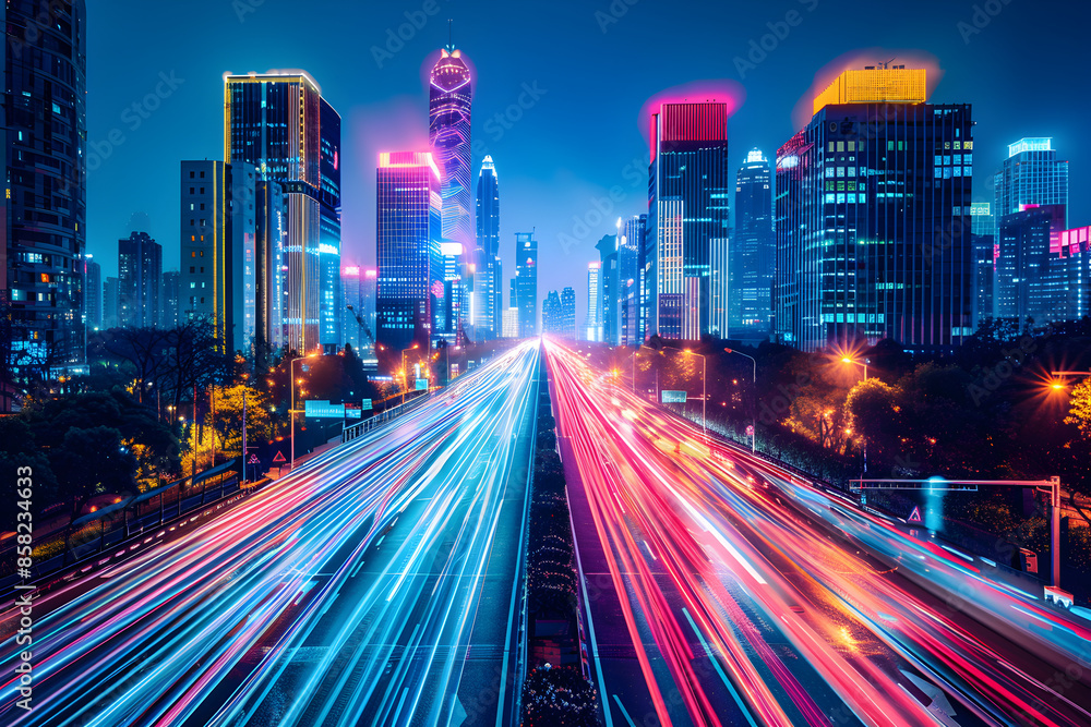 Fototapeta premium A vibrant cityscape with motion blur light trails.