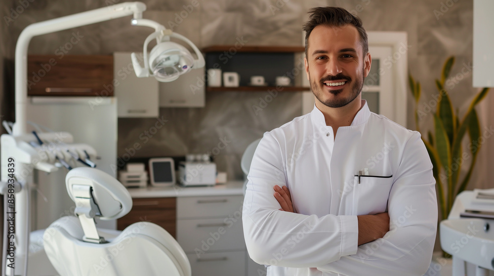 Confident dentist in a modern, well-equipped dental clinic, smiling and standing with crossed arms. Confident dentist in a modern, well-equipped dental clinic, smiling and standing with crossed arms.