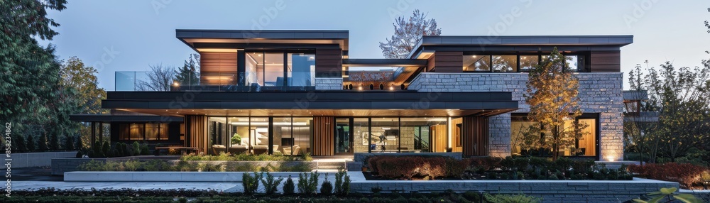 Modern building with stone and timber construction, lowimpact design, and energyefficient design, front view, emphasizing green living, robotic tone, Monochromatic Color Scheme Modern building with stone and timber construction, lowimpact design, and energyefficient design, front view, emphasizing green living, robotic tone, Monochromatic Color Scheme