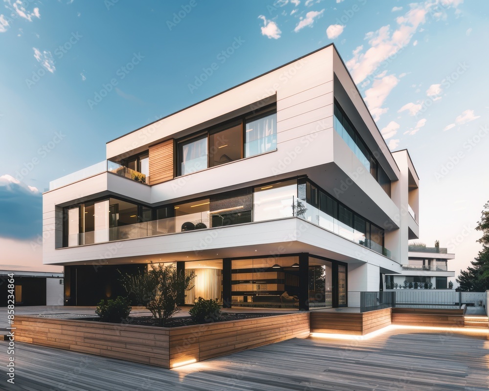 Modern building with integrated recycled wood flooring Modern building with integrated recycled wood flooring