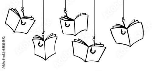 Cartoon open book pages and fishing hook. Education concept. Line drawing. Opened books sign. Book store logo. Flying pages. World book day.