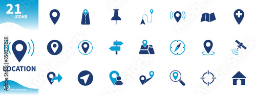 Location icon. Set of map, pin, navigation, satellite, compass icons