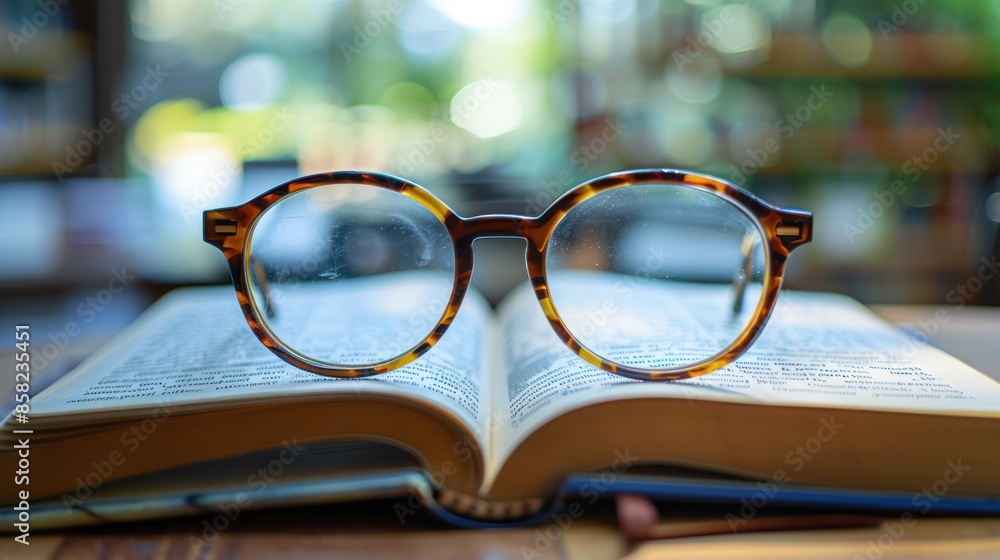 Brown glasses on open book with clear lens, focused on text - Concept of concentration and focus Brown glasses on open book with clear lens, focused on text - Concept of concentration and focus