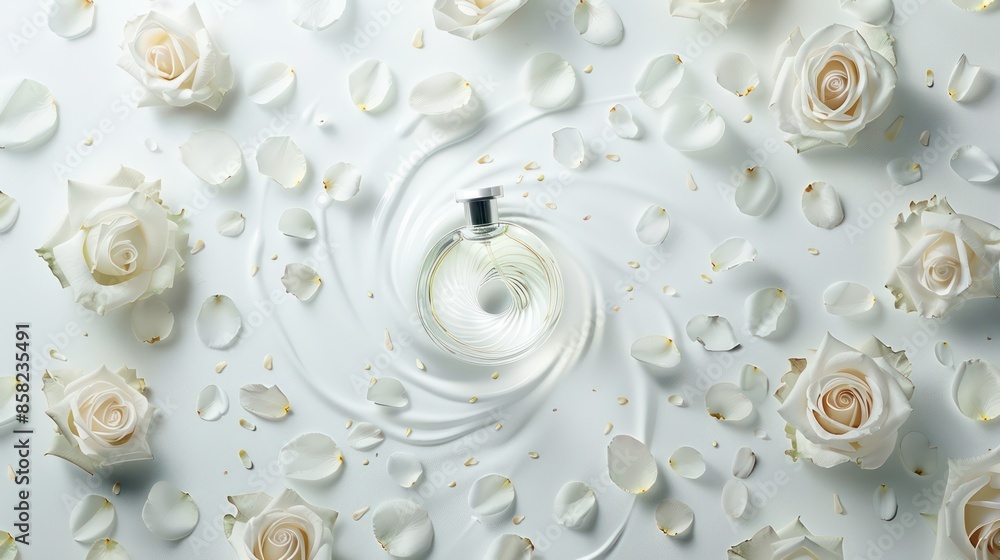 The round perfume bottle had white rose petals floating around it. white background The round perfume bottle had white rose petals floating around it. white background