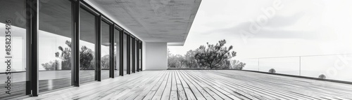 Resourceefficient building with recycled wood flooring and wellbeing design, side view, portraying sustainable living, digital tone, black and white photo