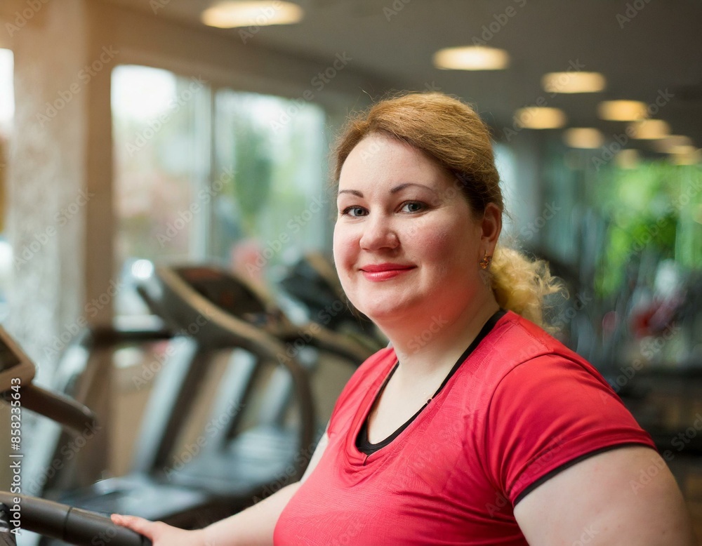 Naklejka premium Gruba kobieta ćwicząca na siłowni