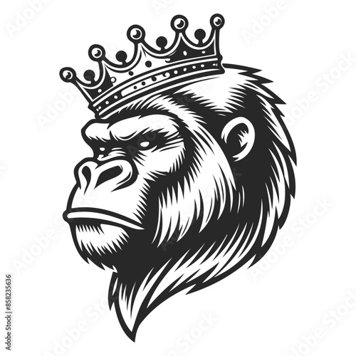 gorilla with a crown, tattoo black line art illustration.