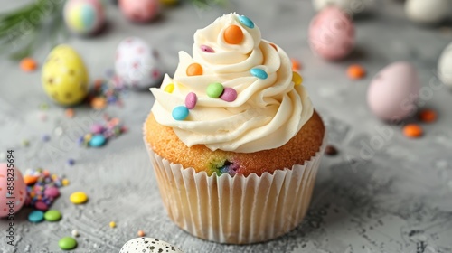 Easter cupcake with vanilla cream and candies on gray surface