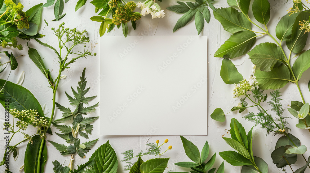 Elegant blank paper surrounded by lush green leaves and white flowers, perfect for nature-themed presentations. Elegant blank paper surrounded by lush green leaves and white flowers, perfect for nature-themed presentations.