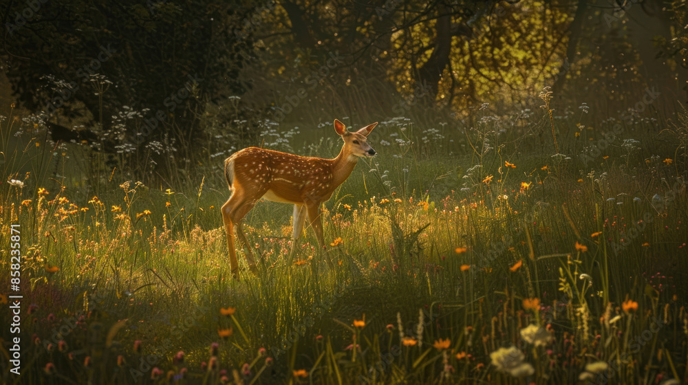 Deer crossing a flower-covered grass field Deer crossing a flower-covered grass field