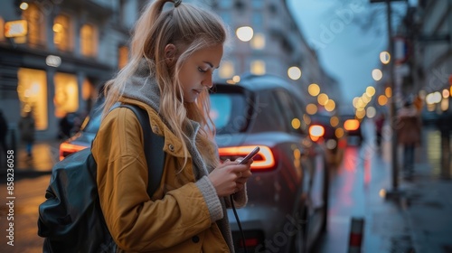 Urban woman multitasking: Charging electric car and using smartphone