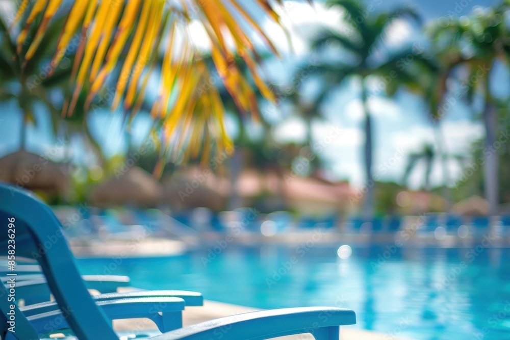 Hazy poolside oasis with sun loungers and tropical foliage Hazy poolside oasis with sun loungers and tropical foliage