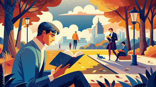 A man reading in a park, surrounded by leisure, community, and nature. A man is leisurely seated in a park engrossed in a book, amidst the tranquil surroundings of nature and community