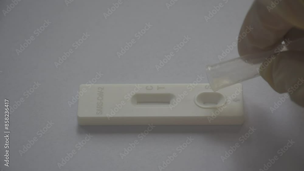 hand in rubber glove drop liquid sampling chemical from tube to antigen test kit for checking COVID-19 or coronavirus on white background hand in rubber glove drop liquid sampling chemical from tube to antigen test kit for checking COVID-19 or coronavirus on white background