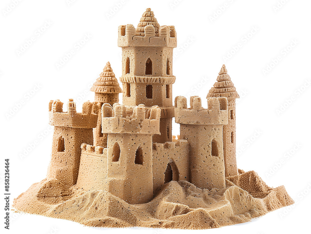 A sand castle isolated on a white background. Created with Generative AI technology. A sand castle isolated on a white background. Created with Generative AI technology.