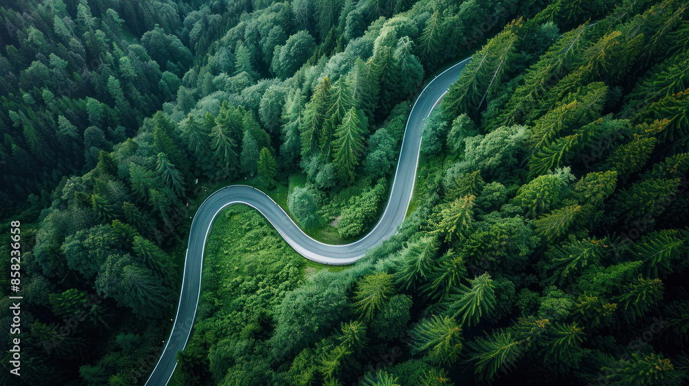 Drone shot of a winding mountain road cutting through a forest Drone shot of a winding mountain road cutting through a forest