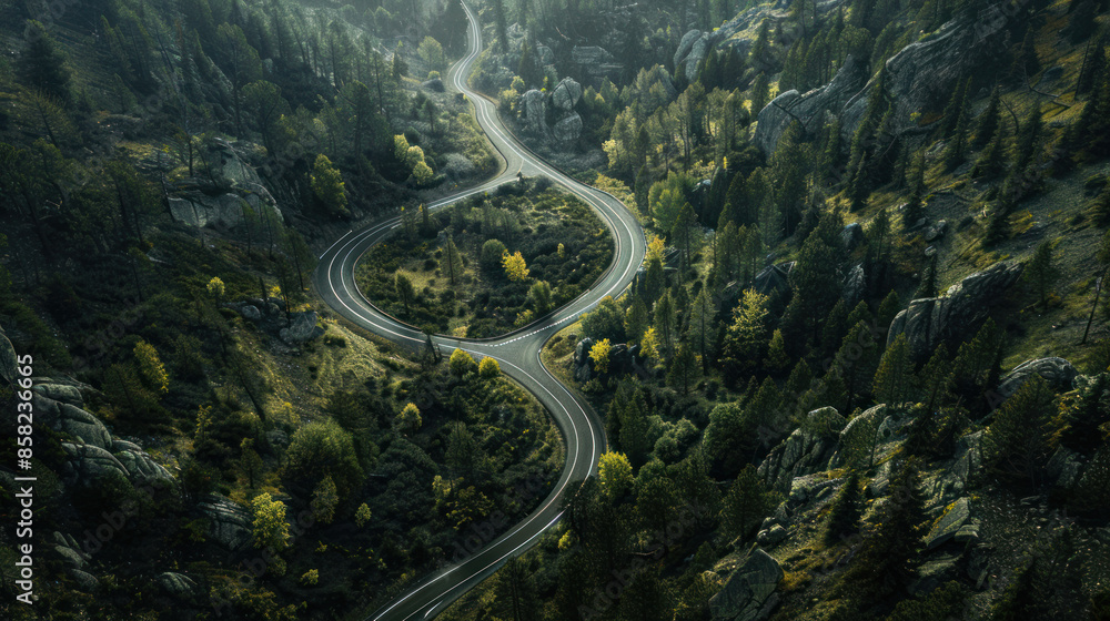 Drone shot of a winding mountain road cutting through a forest Drone shot of a winding mountain road cutting through a forest
