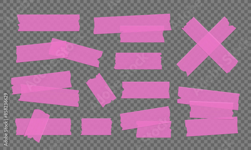 Vector set of pink transparent adhesive tape. Duct tape strip. Torn pieces of masking tape isolated on transparent background.