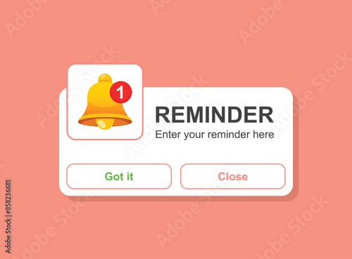 Reminder notifications page with alert bell icon in flat style. Event notice message vector illustration on isolated background. Announcement notice sign business concept.
