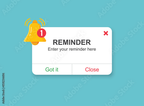 Reminder notifications page with alert bell icon in flat style. Event notice message vector illustration on isolated background. Announcement notice sign business concept.