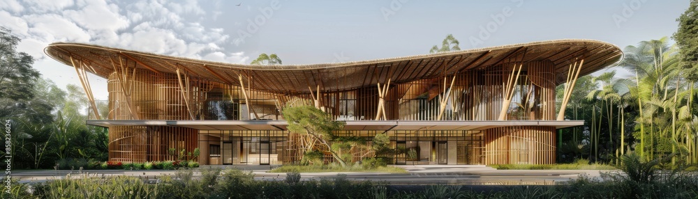 Fototapeta premium Modern building with bamboo and thatch roofing, lowimpact design, and ecofriendly materials, front view, emphasizing green construction, robotic tone, Monochromatic Color Scheme