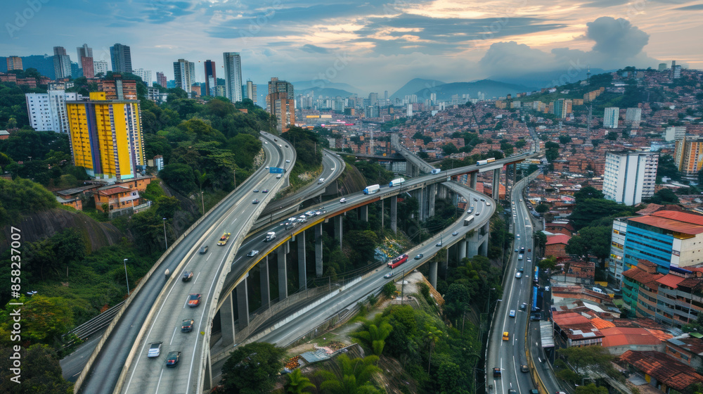 Fototapeta premium Elevated highway running through a dense urban area