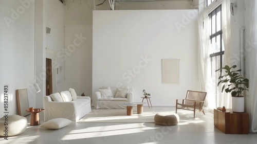 A tranquil urban loft interior showcasing a white canvas backdrop, Peacefully arranged furniture layout, Urban contemporary tranquil style © Louie