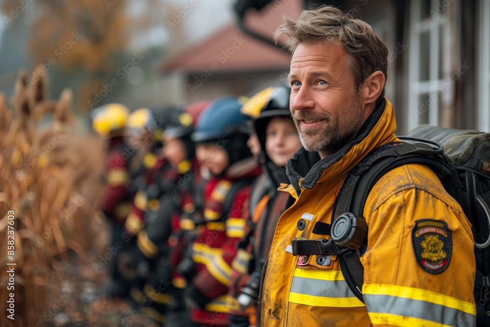 Firefighter Standing With Crew During Training Exercise in Autumn Firefighter Standing With Crew During Training Exercise in Autumn