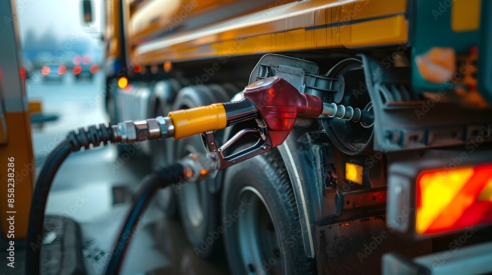 Fototapeta premium Truck Refueling at Gas Station with Fuel Pump Nozzle Inserted into Tank