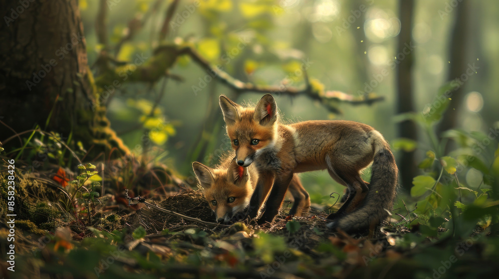 Fox cubs playing near a burrow in the woods Fox cubs playing near a burrow in the woods