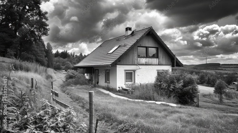 Lowenergy rural Polish setting with rainwater harvesting system and sustainable living design, side view, portraying ecofriendly living, digital tone, black and white Lowenergy rural Polish setting with rainwater harvesting system and sustainable living design, side view, portraying ecofriendly living, digital tone, black and white