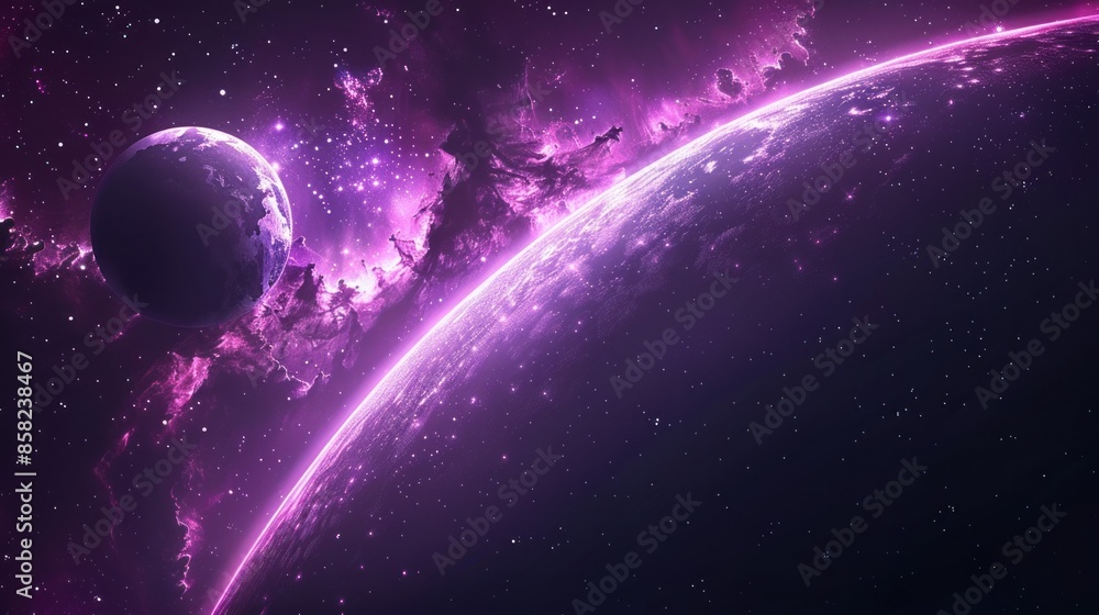 Fototapeta premium Purple Nebula with a Planet and Stars