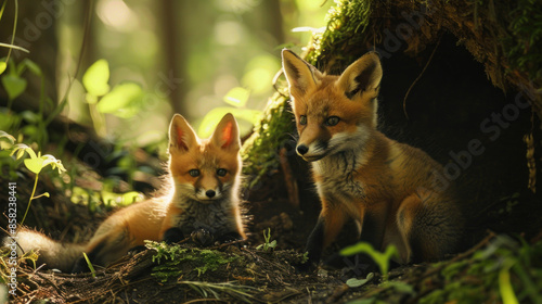 Fox cubs playing near a burrow in the woods
