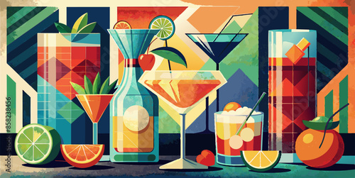A colorful painting of various cocktails and fruits in liquid form. A vibrant painting featuring a variety of cocktails and fruits, capturing the essence of liquid, plantbased drinks with oranges and 