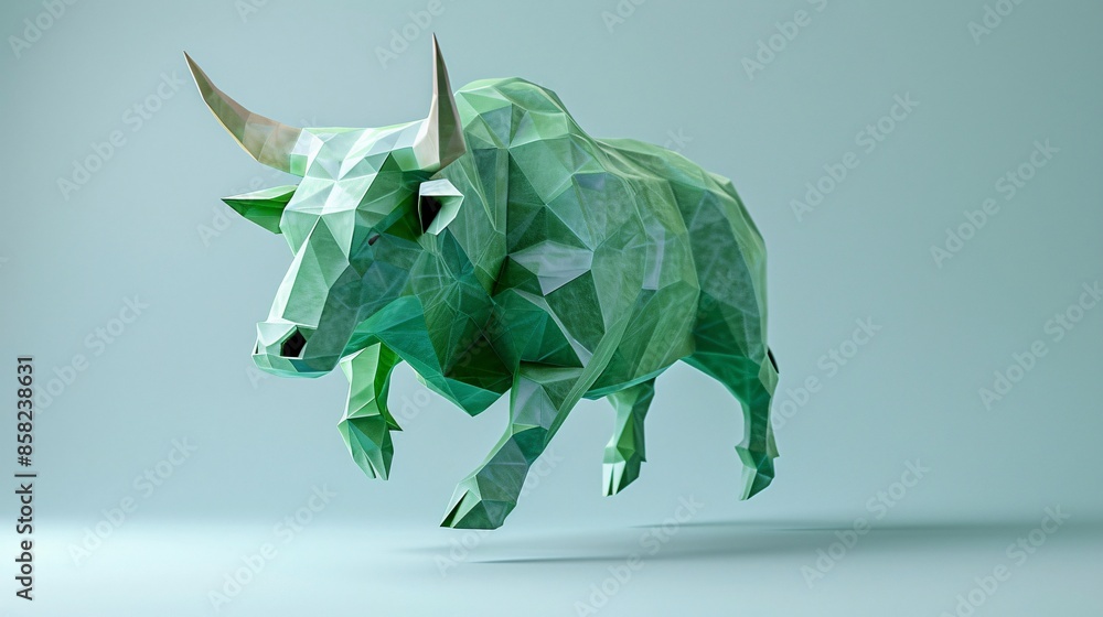 Obraz premium 3D geometric polygonal green bull, dynamic and powerful figure, ideal for bullish stock market, finance, strength, and modern design concepts.