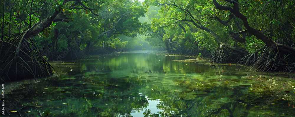 A tranquil mangrove forest teeming with life, with tangled roots and vibrant green foliage reflected in calm waters. A tranquil mangrove forest teeming with life, with tangled roots and vibrant green foliage reflected in calm waters.