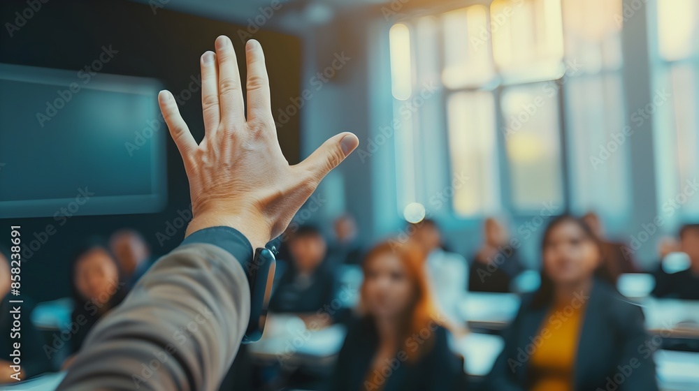 Business Professional Raising Hand to Speak at Corporate Conference Meeting Business Professional Raising Hand to Speak at Corporate Conference Meeting