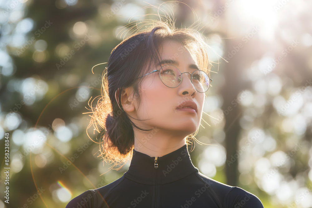 Autumn Sunlight Outdoor Portrait of Thoughtful Woman in Glasses Looking Away Autumn Sunlight Outdoor Portrait of Thoughtful Woman in Glasses Looking Away
