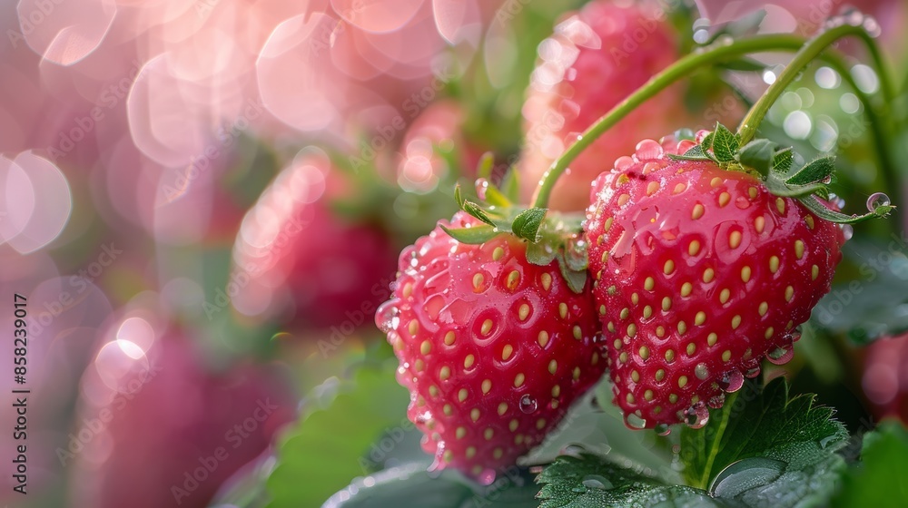 Close-Up of Ripe Strawberries with Dew Drops Close-Up of Ripe Strawberries with Dew Drops