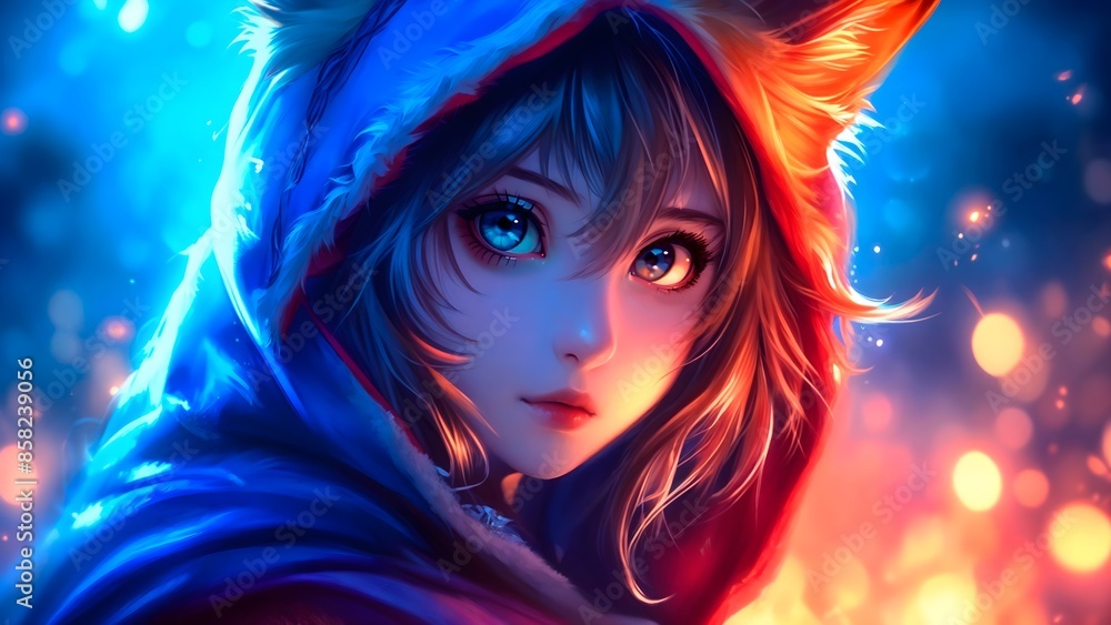 Digital anime-style painting of a girl with fox ears and blue eyes is wearing a blue and red hoodie Digital anime-style painting of a girl with fox ears and blue eyes is wearing a blue and red hoodie