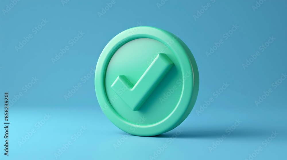 3D illustration of a green check mark symbol on a blue background, representing success, approval, or completion in various contexts. 3D illustration of a green check mark symbol on a blue background, representing success, approval, or completion in various contexts.