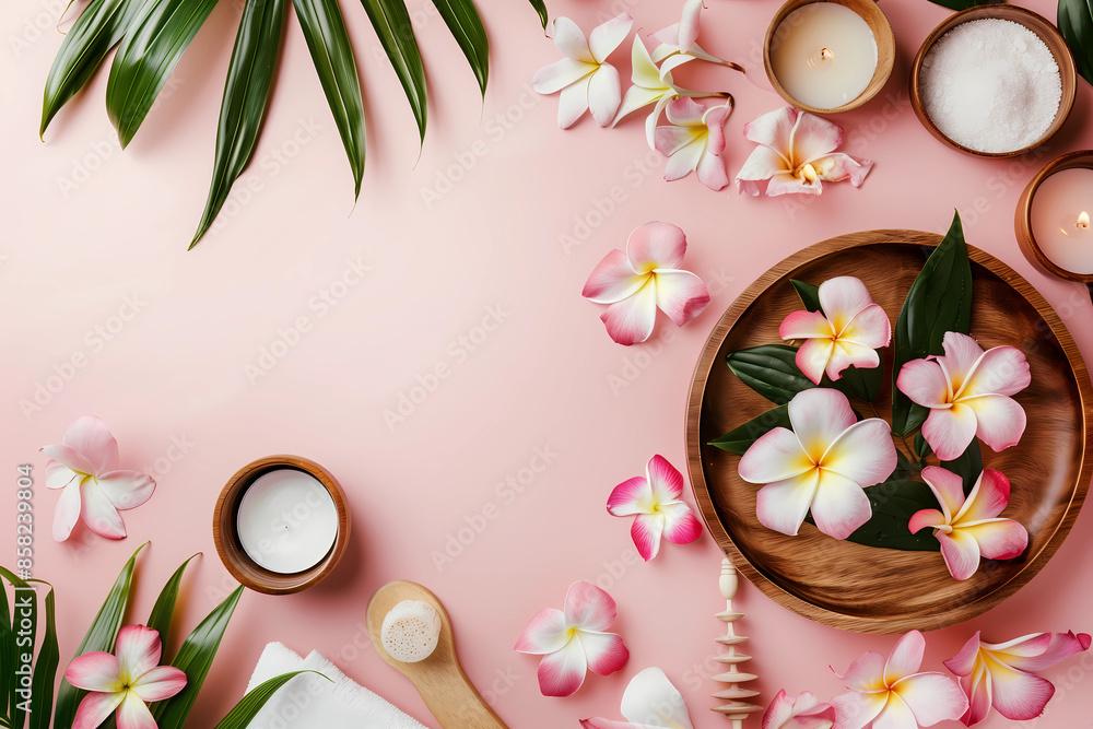 spa treatment concept with wooden plate, flowers and candles on pink background flat lay top view. Flat lay style. spa treatment concept with wooden plate, flowers and candles on pink background flat lay top view. Flat lay style.