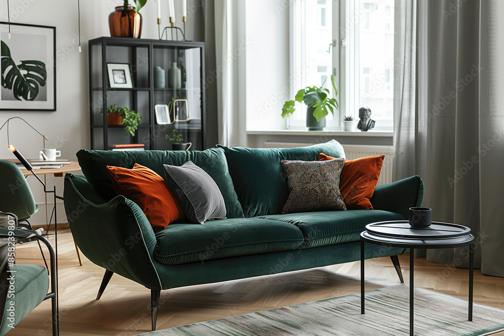Fototapeta premium photo of dark green sofa and recliner chair with plants in a scandinavian clean and minimalist living room apartment and design interior furniture