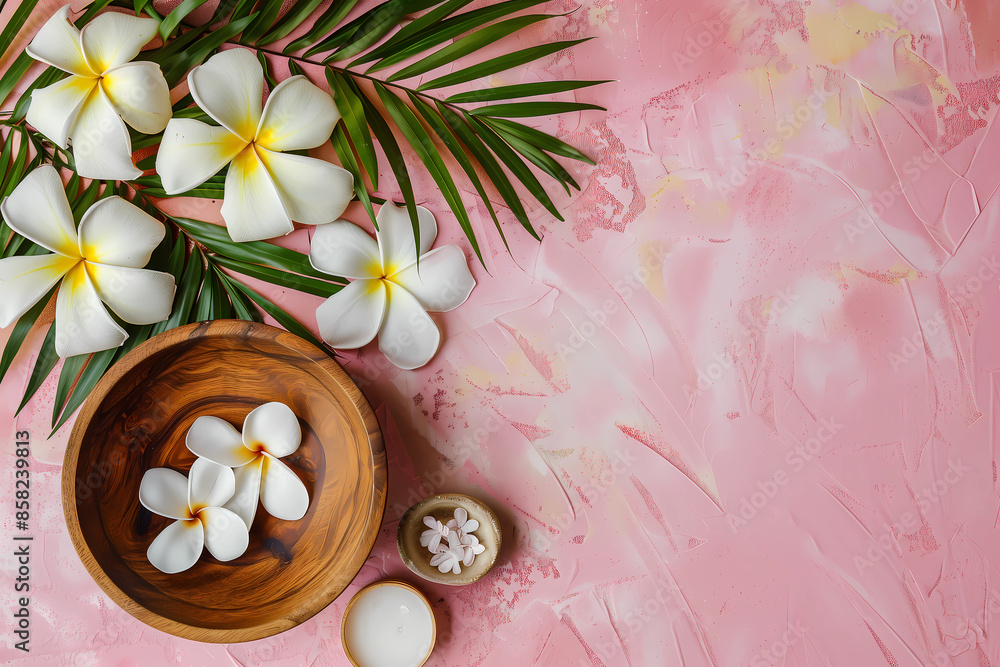 spa treatment concept with wooden plate, flowers and candles on pink background flat lay top view. Flat lay style. spa treatment concept with wooden plate, flowers and candles on pink background flat lay top view. Flat lay style.