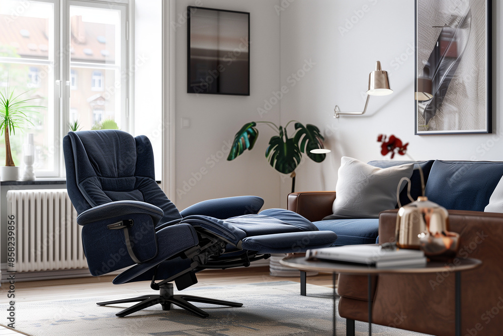 photo of blue sofa and recliner chair with plants in a scandinavian clean and minimalist living room apartment and design interior furniture photo of blue sofa and recliner chair with plants in a scandinavian clean and minimalist living room apartment and design interior furniture