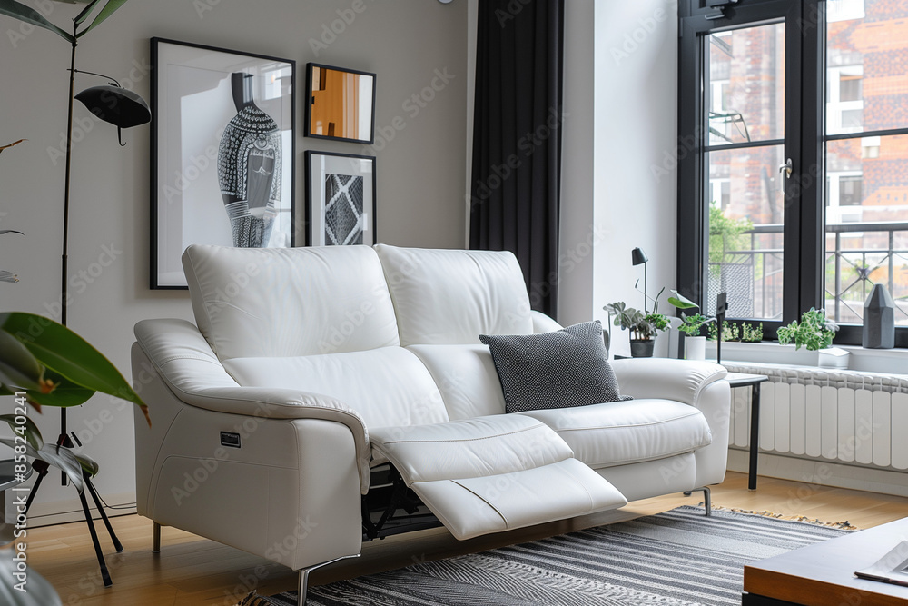 Fototapeta premium photo of white sofa and recliner chair with plants in a scandinavian clean and minimalist living room apartment and design interior furniture