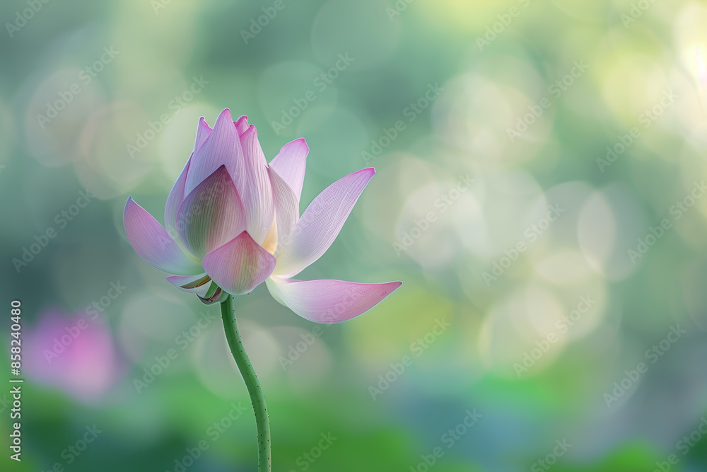 Fototapeta premium Serene Pink Lotus Blossom in Soft Green Light with Dreamy Background